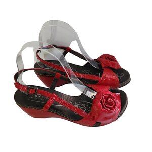 Jose Saenz Red Patent Leather Rosette Sling Back Wedge Sandals Size 7